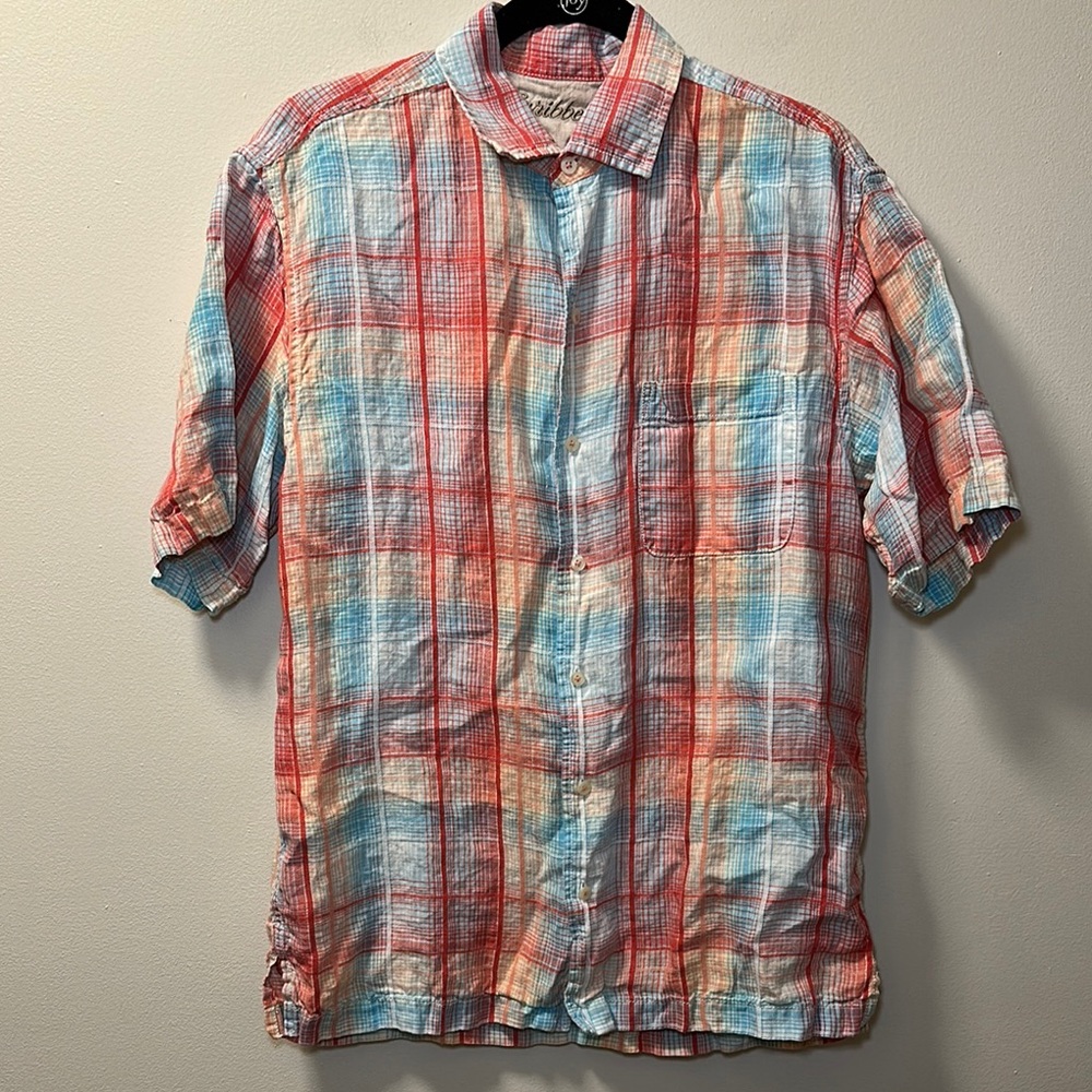 Caribbean Men’s Red/Blue/Orange Plaid Linen Short Sleeve Button Shirt Sz M